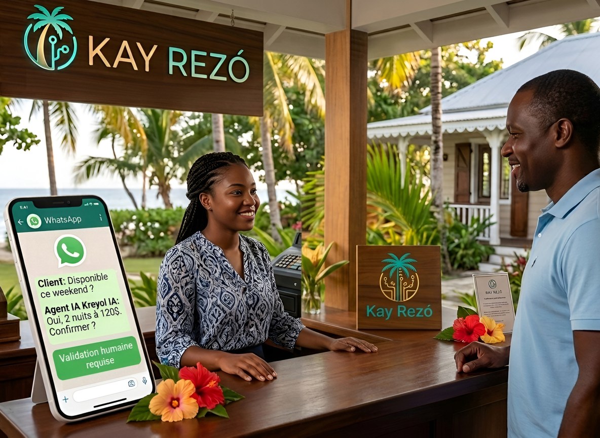 Guesthouse en Haïti utilisant un agent IA pour répondre aux clients sur WhatsApp, Kreyol IA